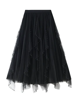 Женская летняя юбка миди из тюля, многоуровневая струящаяся юбка трапециевидной формы с бусинами для путешествий, пляжа, шоппинга