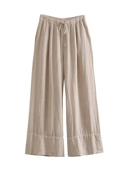 YENKYE Летние женские винтажные льняные брюки Палаццо с эластичной резинкой на шнурке и высокой талией, женские повседневные свободные широкие брюки
