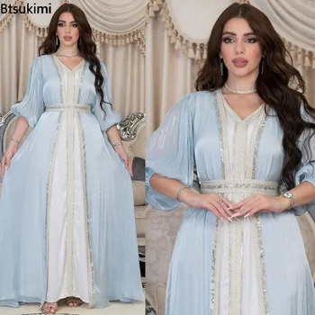 Модные бриллианты из трех частей, Атласная Абайя для женщин, мусульманское платье в Дубае, Индийское платье, Легкое роскошное мусульманское платье в марокканском стиле, платье свободного покроя