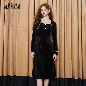 Женские бархатные черные платья ELFSACK 2023, осеннее повседневное платье с длинным рукавом на талии