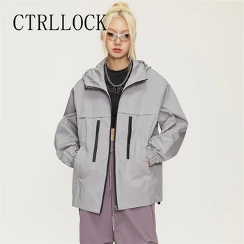 CTRLLOCK Шикарная уличная модная женская свободная куртка с капюшоном, однотонная верхняя одежда с карманами на молнии