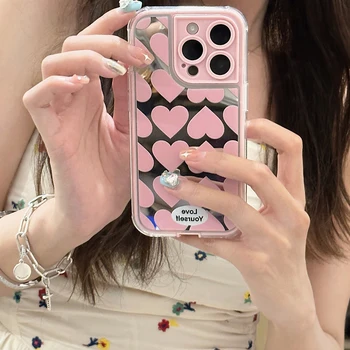 Роскошный Чехол Для Телефона Love Hearts Для iPhone 11 12 13 14 Pro Max 14 Plus Зеркальная Пленка Защита Камеры Прозрачная Гладкая Силиконовая Крышка