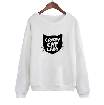 Женская Черно-белая толстовка, Повседневный Женский спортивный костюм, пуловер в стиле Харадзюку с надписью Crazy Cat Lady, забавные толстовки с круглым вырезом