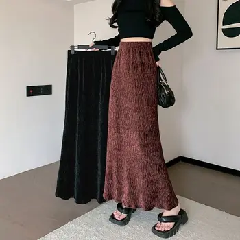 Новая винтажная теплая шерстяная Длинная юбка с высокой талией для женщин 2023, Элегантная повседневная гофрированная однотонная юбка трапециевидной формы Saias Longas Female T129