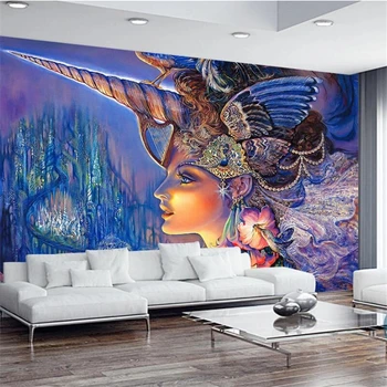 обои на заказ beibehang 3d фреска единорог богиня Континентальный миф волшебная цветная фея ручная роспись диван фон обои