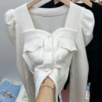 Рубашки и блузки с квадратным вырезом, элегантные Базовые блузы Blusas Mujer с пышными рукавами, однотонные Осенне-зимние модные Женские топы в корейском стиле