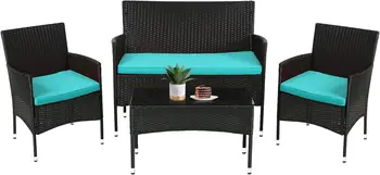 Мебель из ротанга, плетеное кресло, набор для беседы во внутреннем дворике, для использования на улице и в помещении с журнальным столиком Loveseats, синяя подушка, 4 предмета