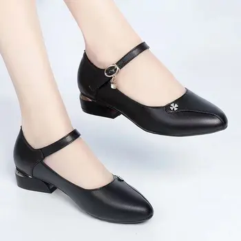 Весенне-осенние тонкие туфли на плоской подошве с пряжкой, женские кожаные туфли с мягкой подошвой, низкий каблук, толстый каблук, Рабочая обувь большого размера