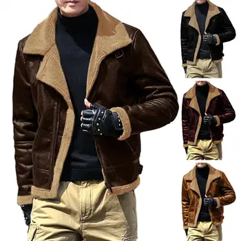 Винтажное пальто с лацканами, стильное мужское зимнее пальто, теплое плюшевое пальто на молнии контрастного цвета для осени-зимы с отложным воротником