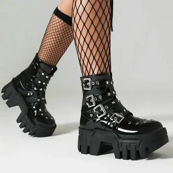 Однотонные черные женские туфли в стиле хэви-рок в готическом стиле, большой размер 44, ремень с пряжкой и металлическими пуговицами, Панковские короткие ботинки на плоской платформе