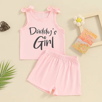 Летний наряд для маленьких девочек, майка без рукавов с буквенным принтом и однотонные шорты, комплект одежды из 2 предметов