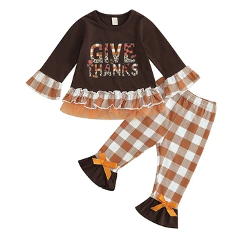 Комплект брюк для маленьких девочек, футболка в стиле пэчворк с буквенным принтом и штаны в клетку, осенний наряд, одежда на День Благодарения