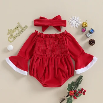 Наряды для новорожденных девочек, рождественские боди, бархатный комбинезон с рюшами, милый комплект зимней детской рождественской одежды