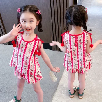 Комплект Корейских шорт на бретелях для девочек, тонкие летние новые модные летние шорты для девочек, милый комплект с принтом кролика для маленьких детей, без рукавов