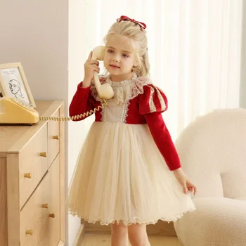 Детское красное платье на День рождения для девочек, Рождественская Осенне-зимняя одежда, пышная юбка с длинным рукавом, Кружевные газовые платья для детей, Vestido