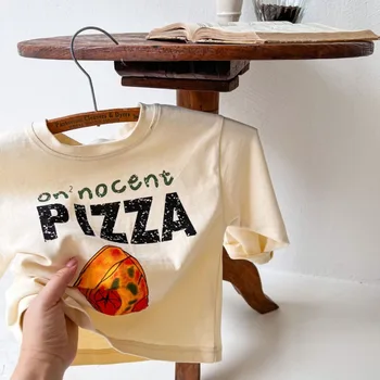 2023 Осенняя детская футболка с длинными рукавами и принтом пиццы, детская хлопковая футболка с круглым вырезом Для мальчиков И девочек, свободные повседневные Топы
