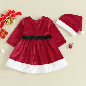 Рождественский костюм для маленькой девочки, платье трапециевидной формы в стиле пэчворк с длинными рукавами и шапкой, зимняя одежда