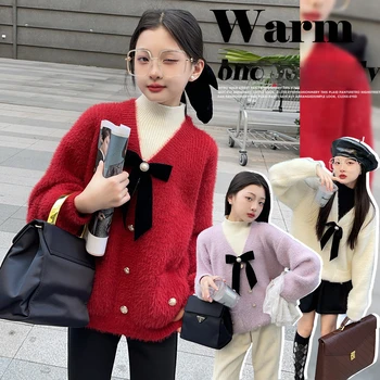 Осенне-зимние свитера для девочек 2023, Новая мода, Корейский бант для девочек, поддельная шерстяная куртка из двух частей