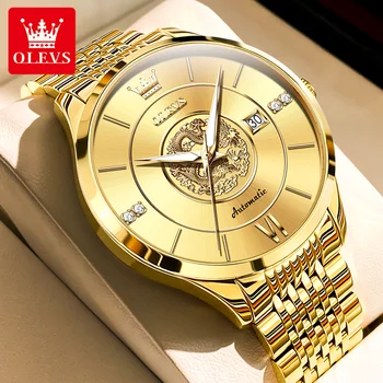 Оригинальные мужские автоматические часы OLEVS Dragon Gold, водонепроницаемые, роскошные, классические, из нержавеющей стали, самые продаваемые Механические наручные часы