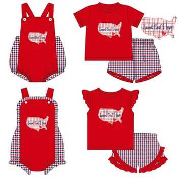 Новый детский костюм 7.4, комплекты детской летней одежды из молочного шелка, комбинезон, синий, красный, клетчатый принт, бант с рюшами