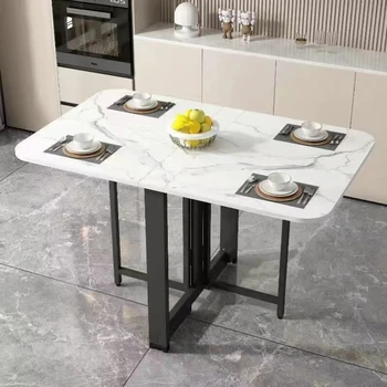 Складной обеденный стол для мелкого домашнего использования Ультратонкая многофункциональная прямоугольная имитация каменной доски Передвижные уличные столы