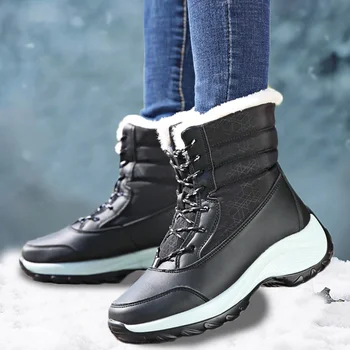 Женские зимние ботинки на толстой шнуровке - Ботильоны на плоской платформе в стиле панк с теплой меховой подкладкой и противоскользящей подошвой