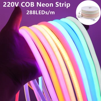 COB LED Light Strip 220V 288LEDs/m Waterpoof Силиконовая Неоновая Лента Гибкая Светодиодная Лента С Регулируемой Яркостью EU Plug 10 Цветов