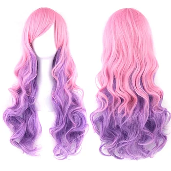 женские парики из вьющихся синтетических волос длиной 70 см, розово-фиолетовые парики Омбре-женский парик для косплея из накладных волос цвета радуги