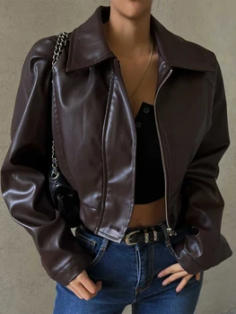 Женская короткая куртка из искусственной кожи, осенняя мотоциклетная куртка на молнии с длинным рукавом, однотонное байкерское пальто из искусственной кожи, верхняя одежда в стиле Панк