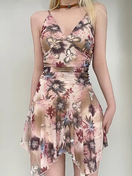 Новое модное женское платье-комбинация на бретельках, с V-образным вырезом, без спинки, с цветочным принтом, платье трапециевидной формы, нерегулярное летнее мини-платье в уличном стиле