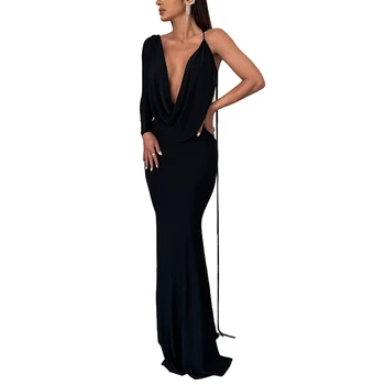 Женские сексуальные платья-комбинации с открытой спиной, элегантные черные платья с глубоким V-образным вырезом на шнуровке, вечерние платья для вечеринок, клубов, выпускного бала, летняя одежда