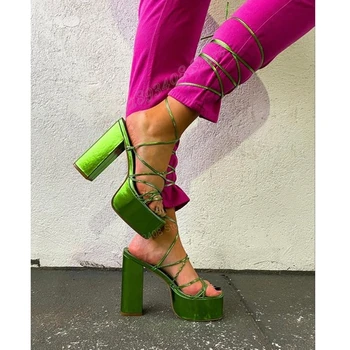 Блестящие Зеленые Босоножки На Открытой платформе С ремешками И шнуровкой На Массивном Каблуке, Женская Обувь с Перекрестной шнуровкой 2023, Пикантные Zapatos Para Mujere