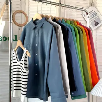 Весна-осень, однотонная рубашка с длинными рукавами и пуговицами, базовый воротник на пуговицах, карманы, свободная корейская версия, простые повседневные рубашки