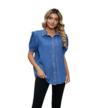 2023 Новая женская летняя джинсовая рубашка с коротким рукавом, модные повседневные Свободные джинсы средней длины, тонкая куртка S-XL Прямая доставка