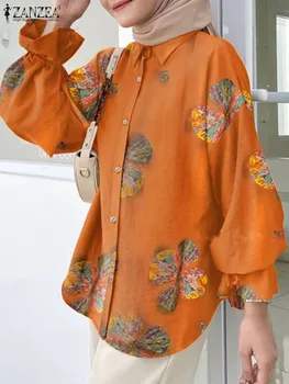 ZANZEA Модная мусульманская блузка с расклешенными рукавами, Женская повседневная туника с цветочным принтом, топы, Винтажные вечерние Blusas Mujer, Исламская одежда