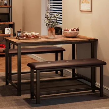 Обеденный стол LISM на 4 персоны, прямоугольный обеденный стол с мягкими скамейками, Кухонный стол из 3 предметов