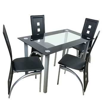 обеденный стол 110 см, обеденный стол из закаленного стекла с 4 шт. стульями, Прозрачный и черный Обеденный стол, обеденный стул